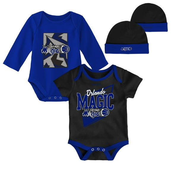 Infant Mitchell & Ness Black/Blue Orlando Magic Hardwood Classics Bodysuits & Cuffed Knit Hat Set