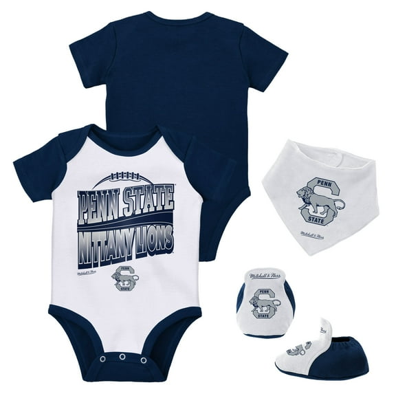 Infant Mitchell & Ness Navy/White Penn State Nittany Lions 3-Pack Bodysuit, Bib and Bootie Set
