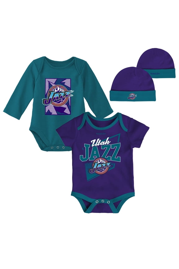 Infant Mitchell & Ness Purple/Teal Utah Jazz Hardwood Classics Bodysuits & Cuffed Knit Hat Set