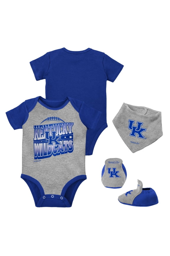 Infant Mitchell & Ness Royal/Heather Gray Kentucky Wildcats 3-Pack Bodysuit, Bib and Bootie Set