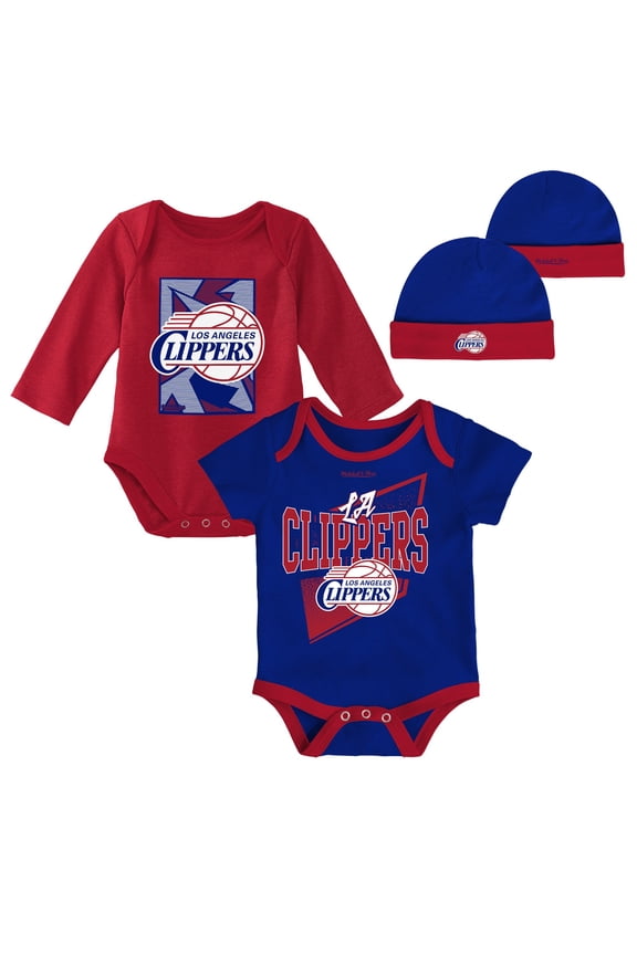 Infant Mitchell & Ness Royal/Red LA Clippers Hardwood Classics Bodysuits & Cuffed Knit Hat Set