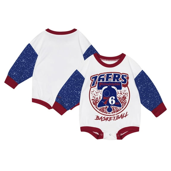 Infant Mitchell & Ness White Philadelphia 76ers Hardwood Classics Posterboard Oversize Long Sleeve Bodysuit