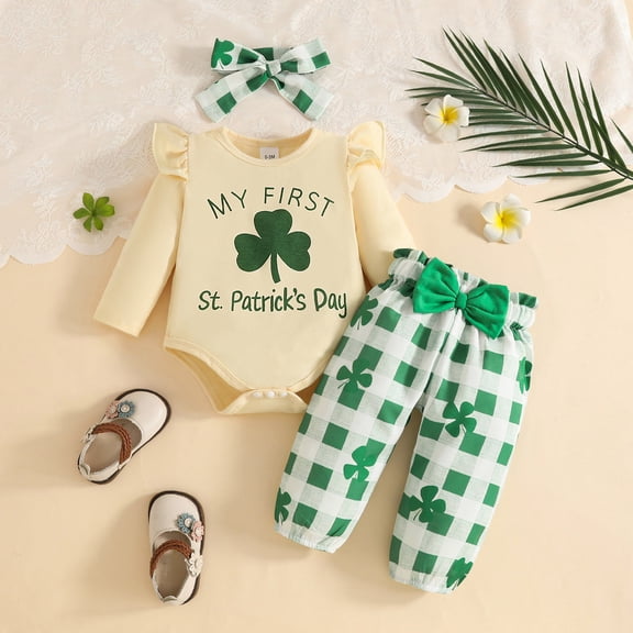 Infant "My First St. Patrick's Day" 3-Piece Outfit – Long Sleeve Clover Romper, Plaid Pants & Headband Set (3 to 18 Months)