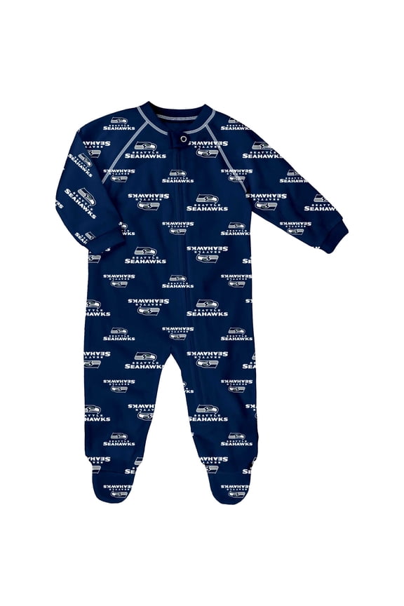 Infant Navy Seattle Seahawks Allover Print Raglan Full-Zip Sleeper