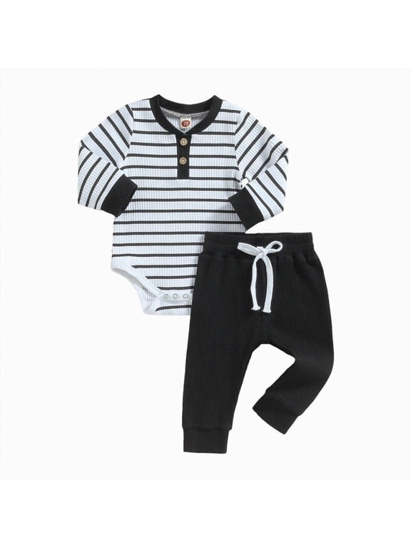 Infant Newborn Baby Boy Clothes Fall Winter Outfits 0 3 6 9 12 18 24 Months Infant Long Sleeve Stripe Rompers Jogger Pants Sets Infant Boys Clothes,3-6 Months,Black