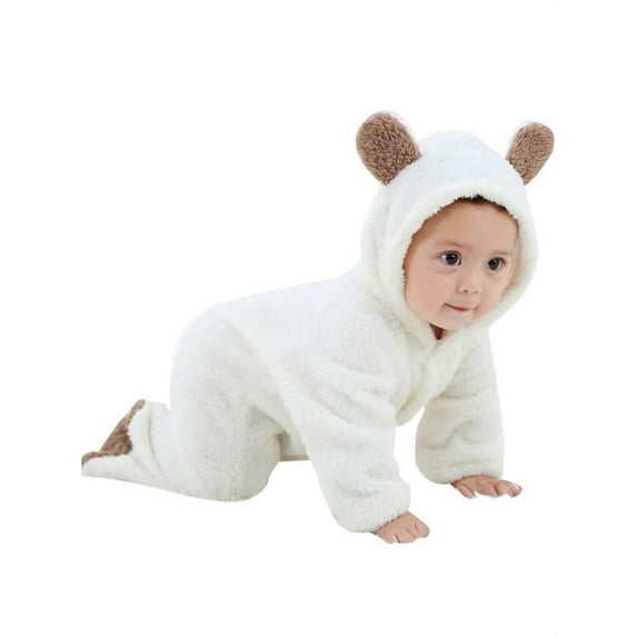 Infant Newborn Baby Boy Girl Fleece Hooded Romper Jumpsuit Bodysuit Outfits