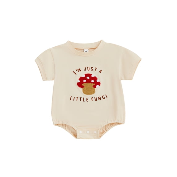 Infant Newborn Baby Boy Summer Jumpsuit Short Sleeve Round Neck Letter Mushroom Embroidered Romper