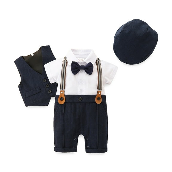 Infant Newborn Baby Boys Jumpsuit Set 3M 6M 9M 12M 18M 24M Gentleman Short Sleeve Romper   Gilet   Hat Summer Outfit