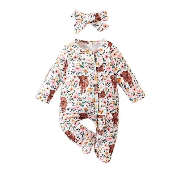 Infant Newborn Baby Girl Clothes Cowhead Printed Onesies Long Sleeve Ruffle Baby Footed Clothes Baby Clothes for Girls
