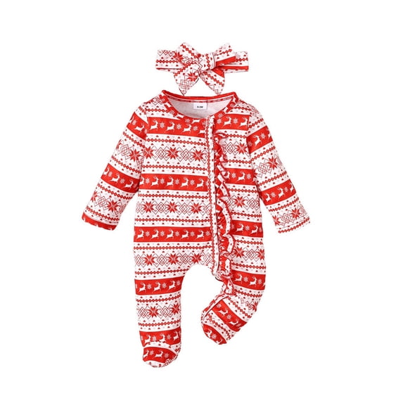 Infant Newborn Baby Girl Clothes Onesies Long Sleeve Ruffle Baby Footed Clothes with Christmas Pattern Printed Baby Clothes for Girls