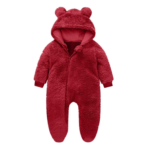 Infant Newborn Baby Girl Clothes Solid Zipper Fleece Romper Long Sleeve Hooded Toddler Fall Winter Warm Jumpsuits Red 9-12 Months