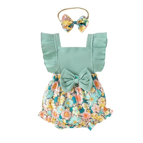 Infant Newborn Baby Girl Summer Floral Romper Ruffle Strap Suspender Bodysuit with Headband