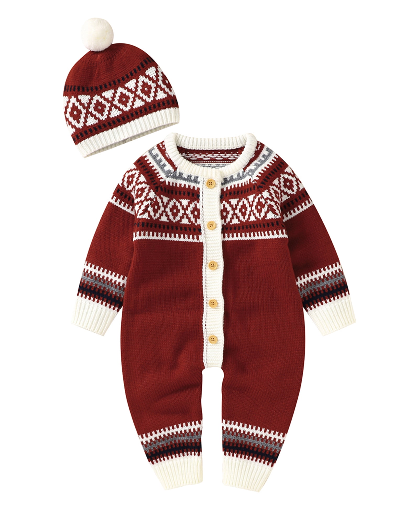 Christmas All Over Pattern Red Baby Long-sleeve Button Down Knitted Jumpsuit