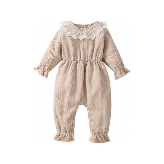 Infant Newborns Ribbed Corduroy Jumpsuits Baby Girls Puff Sleeve O-Neck Lace Rompers Bodysuits Outfits 3-24M
