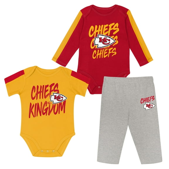 Infant Outerstuff Red/Gold Kansas City Chiefs Double Down Bodysuits and Pants 3-Piece Set