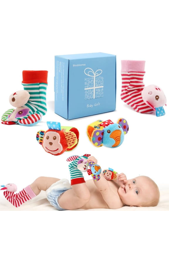 Infant Rattle Socks Toys 0 to 12 Months, Baby Wrist Rattle Foot Finder Socks Set, Birthday Holiday Present for Newborn Boy Girl 0/3/4/6/7/8/9/12/18 Months Kids Toddler, Gift Box Package