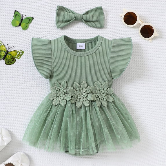Infant Ribbed Romper Dress with Skirt 3D Floral Waist Detail Short Flutter Sleeves Cute Summer Outfit Green 3-6 Months