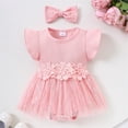 thumbnail image 1 of Infant Ribbed Romper Dress with Skirt 3D Floral Waist Detail Short Flutter Sleeves Cute Summer Outfit Pink 0-3 Months, 1 of 8