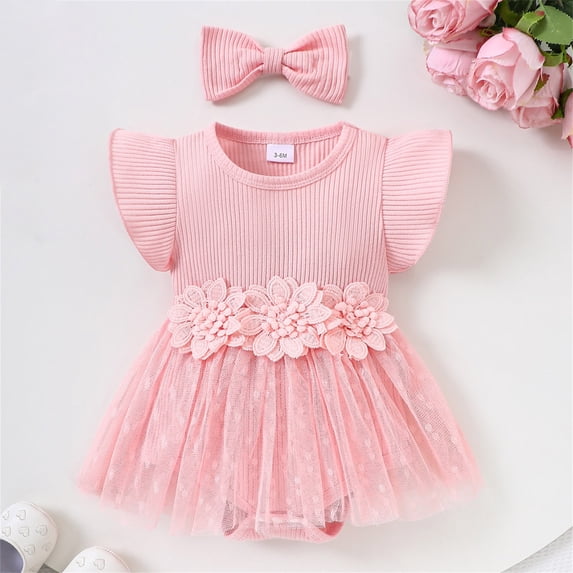 Infant Ribbed Romper Dress with Skirt 3D Floral Waist Detail Short Flutter Sleeves Cute Summer Outfit Pink 0-3 Months