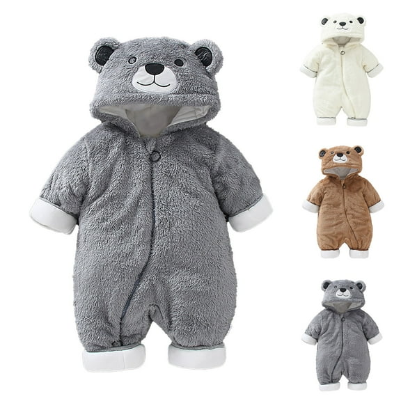 Infant Snowsuit Baby Bear Outfits Plus Fleece Thickened Soft Flannel Outing Wear Baby Onesies Girl Grey 12 M-18 M