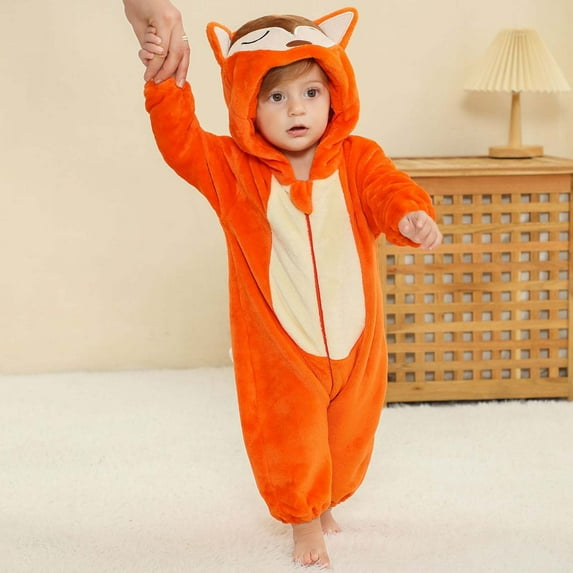 Infant Snowsuit Flannel Fox Onesies Boys Girls Bodysuits Pajamas Warm Daily Wear Baby Onesies Girl Orange 6 M-12 M