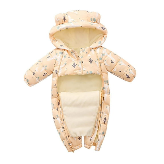 Infant Snowsuit Girl 0-3 Months Printed Cute Fleece Lined Snow Pram Jumpsuit Long Sleeve Zipper Winter Warm Coveralls, Beige, 0 Months