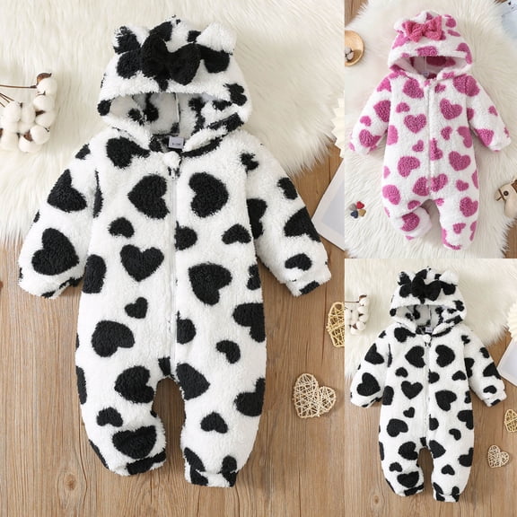 Infant Snowsuit Girls Ear Jumpsuit Heart Bow Print Cozy Winter Fleece Lined Outfit Newborn Girl Onesies Red 0 M-3 M