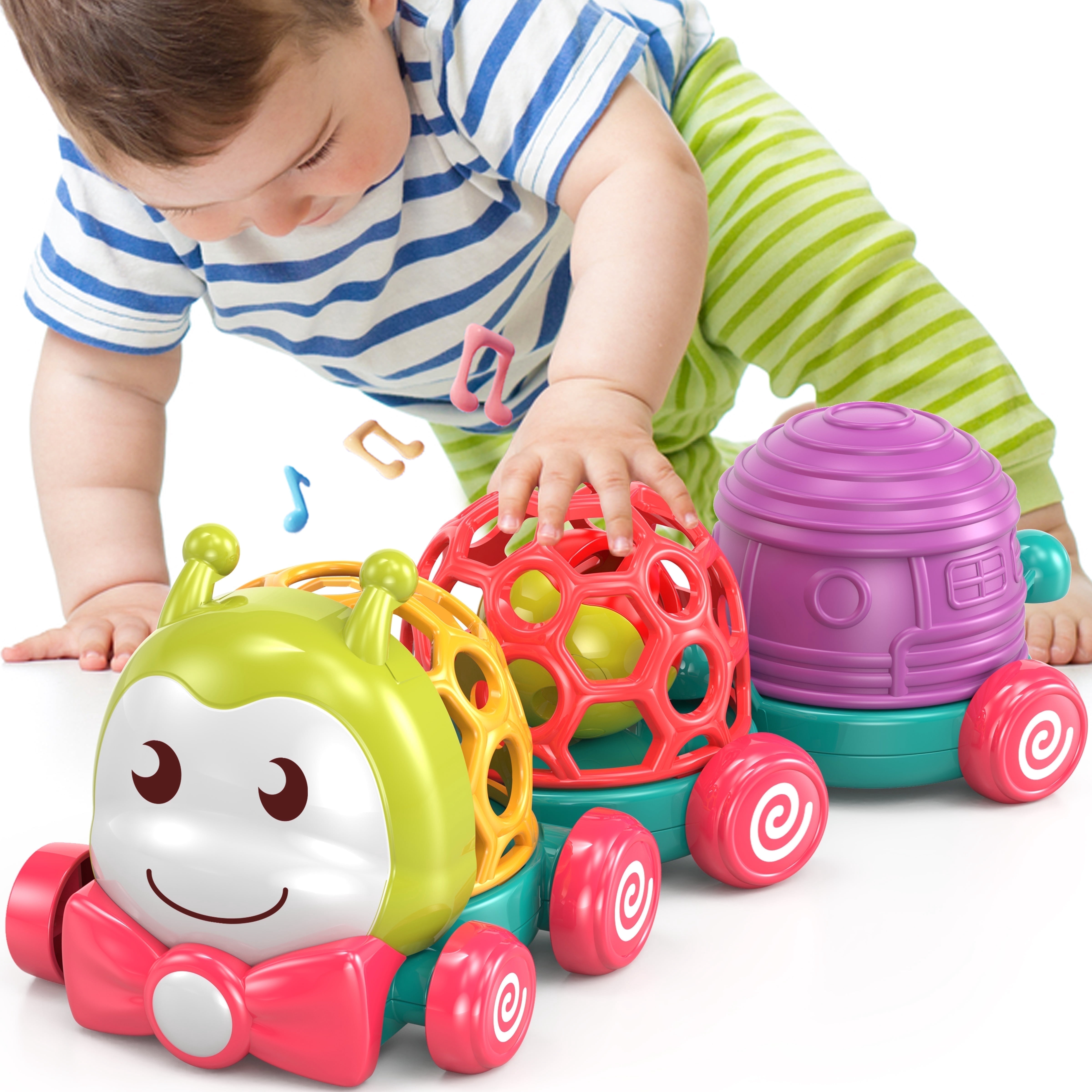 Wanonoo Caterpillar Car Toys for Babies 6-12 Months Infant Musical Push & Go Crawling Toy for Toddler Sensory Soft Developmental Grasp Baby Toy Car for 7 8 9 10 11 18 Month 1 Year Old Boys Girls Gift