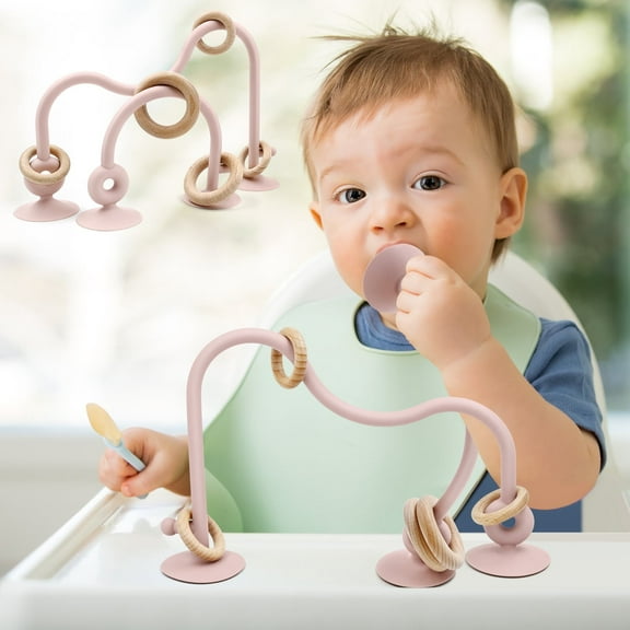 AiTuiTui Baby Teething Toys, Multi Purpose High Chair Suction Teether Toy for Toddler 0-2+ Years, Sensory Toys with Wooden Ring Suitable for 0-6 Month Infant Gifts, Light Pink