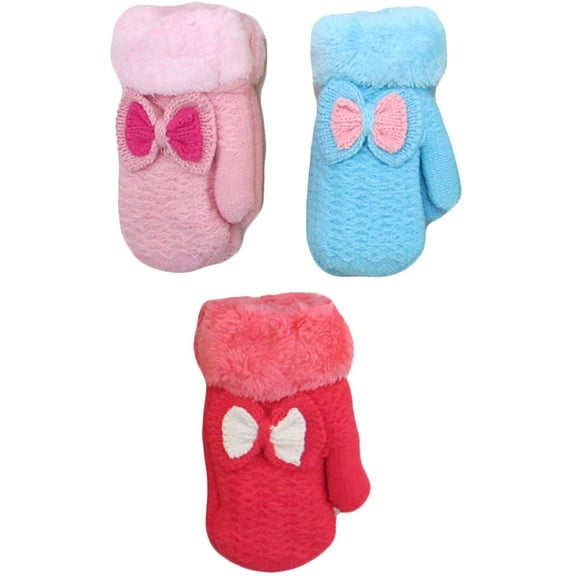 Infant-Toddler 2-3 Years Soft And Warm Fuzzy Interior Lined Mittens 6-Pack 3 Pair Bow Pink Blue Fuchsia