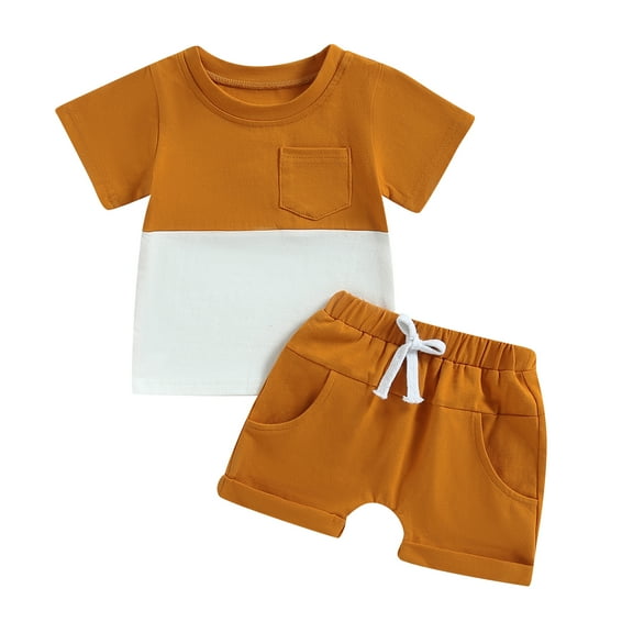 Infant Toddler Baby Boy Clothes Set 6M 12M 18M 24M 3Y Short Sleeve Color Block T-Shirt Solid Rolled 2pcs Shorts Set Outfit