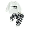 thumbnail image 1 of Infant Toddler Baby Boy Halloween Outfits 6M 12M 18M 24M 3Y 4Y Long Sleeve Sweatshirt Checkerboard Trousers Set, 1 of 10