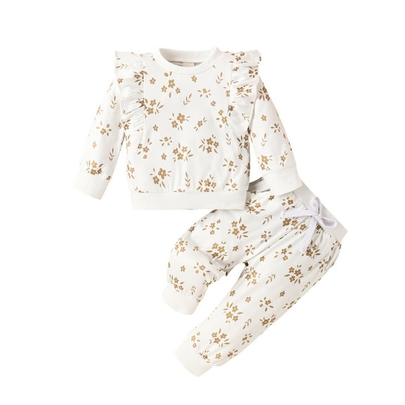 Infant Toddler Baby Girl Daily Fall Floral Outfit Ruffle Sleeve Sweatshirt Pants with Pocket 3M-24M