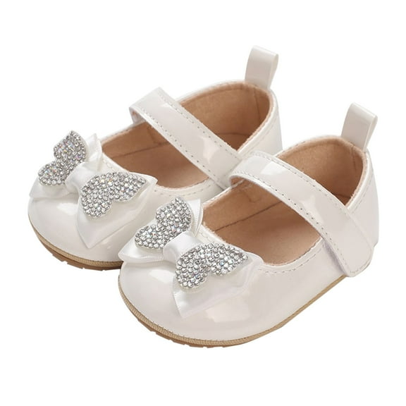 Infant Toddler Baby Girl Dress Shoes Mary Jane First Walking PU Leather Princess Wedding Rubber Sole Non-Slip with Bowknot Floral Flats Dress Shoes (0-3 Months, White)