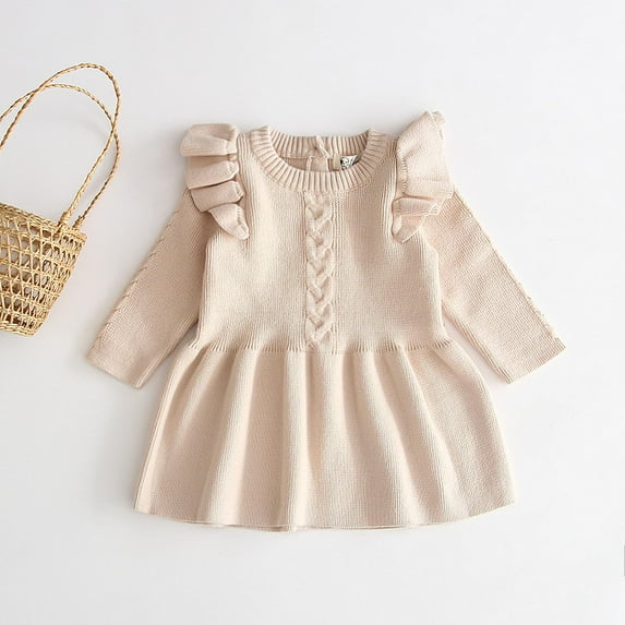 Infant Toddler Baby Girl Sweater Dress Solid Long Sleeve Knit Sweater Fall Winter Dresses,Beige,18-24 Months