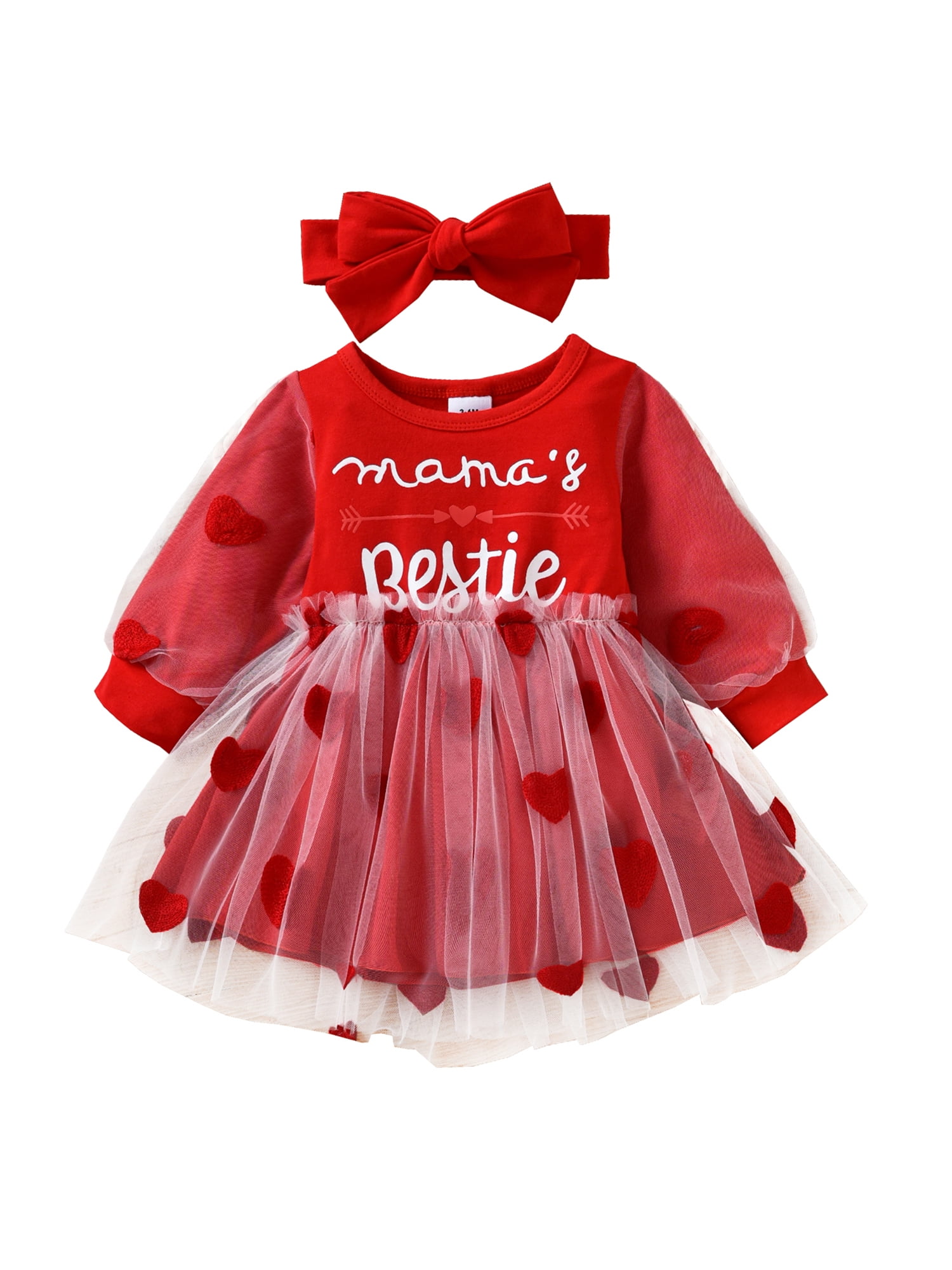 Infant Toddler Baby Girl Valentines Day Dresses Long Sleeve Heart Printed Tulle Princess Dress