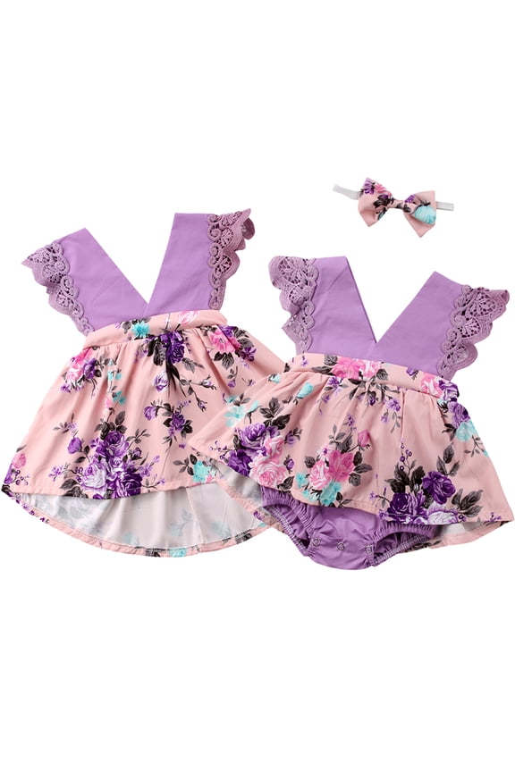 Infant Toddler Baby Kids Girls Clothes Lace Floral Sleeveless Little Sister Romper/ Big Sister Dress Matching Outfits For 0-6 Years
