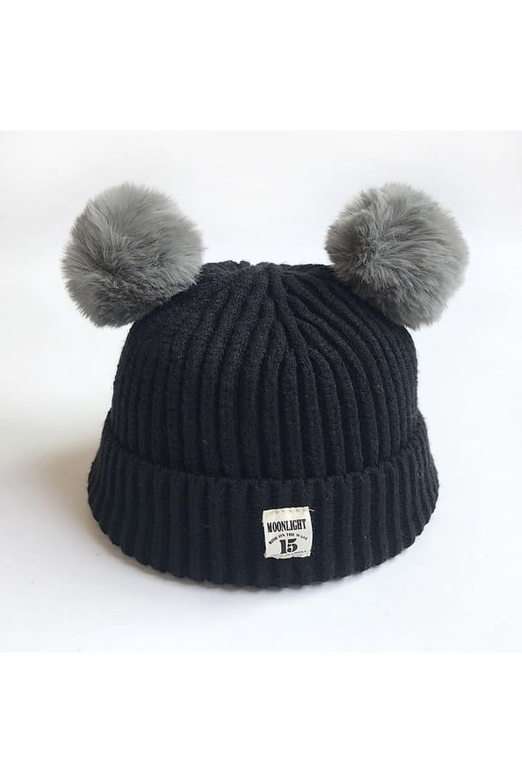 Infant Toddler Beanie Woolen Hat Pure Color Winter Double Ball Wool Knitted Cap for 0-2 Years Old