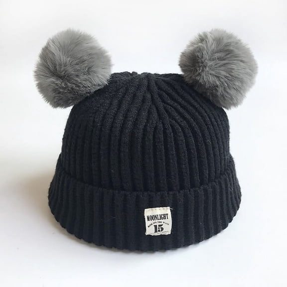 Infant Toddler Beanie Woolen Hat Pure Color Winter Double Ball Wool Knitted Cap for 0-2 Years Old