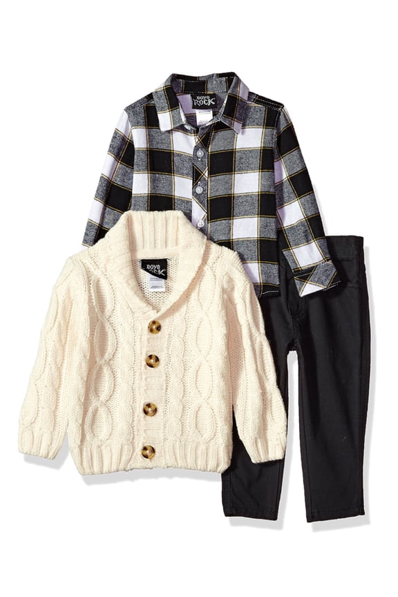 Infant & Toddler Boys 3-Piece Ivory Cable Knit Cardigan Plaid Shirt & Pant Set