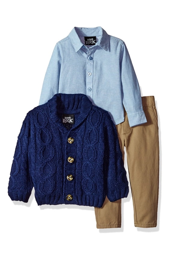 Infant & Toddler Boys 3-Piece Navy Cable Knit Cardigan Chambray Shirt & Pant Set