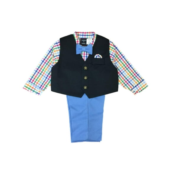 Infant & Toddler Boys Colorful Blue Plaid Suit Dress Up Outfit Bow Tie & Vest