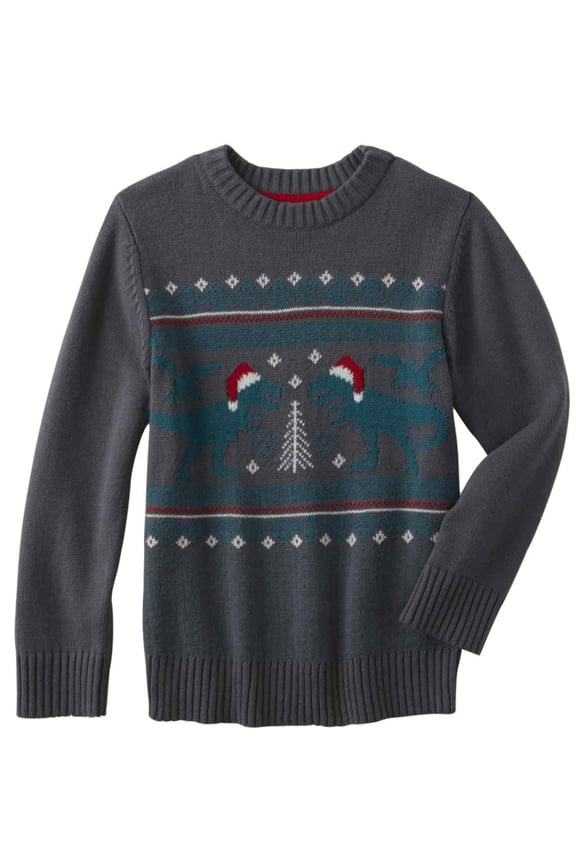Infant & Toddler Boys Gray Dinosaur Holiday Sweater T-Rex Santa Christmas 4T