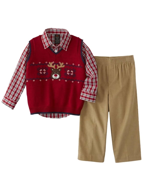 Infant & Toddler Boys Holiday Suit Outfit Reindeer Vest Plaid Shirt & Pants 24m