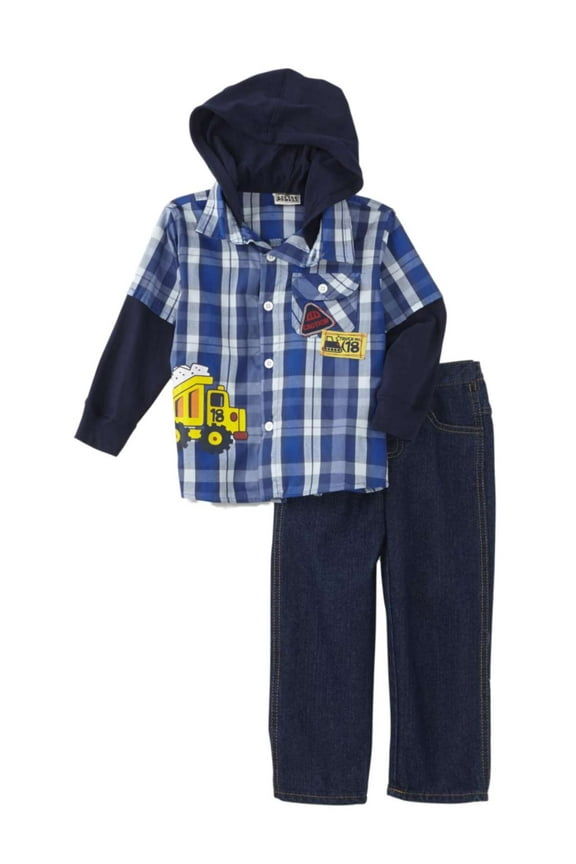 Infant & Toddler Boys Layered Plaid Long Sleeve Shirt & Denim Pant Set 2T