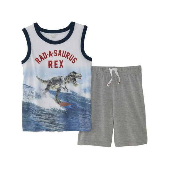 Infant & Toddler Boys White T-Rex Dinosaur Muscle T-Shirt & Short Set Outfit 18M