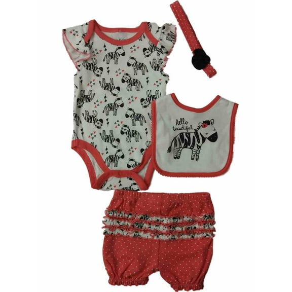 Infant Toddler Coral Zebra Triangle Print 4-PC Bodysuit Bib Headband Outfit 6-9m