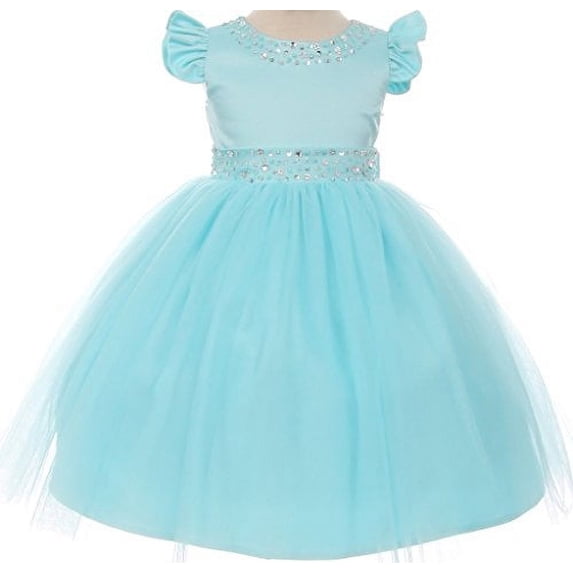 Infant & Toddler Flower Girl Dress Rhinestone Embellished Neckline & Waist Aqua 12M TR 027