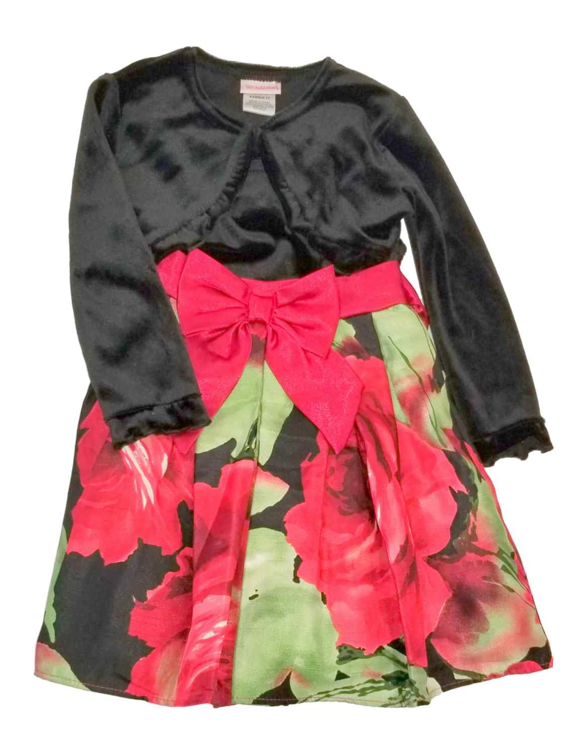 Youngland Infant Toddler Girl Black Velvet Red Bow Flower Christmas Holiday Party Dress 2T
