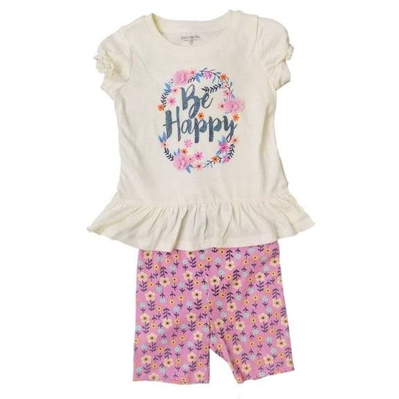 Infant & Toddler Girls Baby Be Happy Pink Glitter Shirt  Flower Short Outfit 3T
